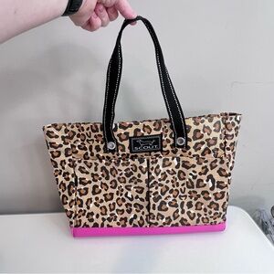 Scout, leopard, black and brown print with hot pink bottom tote bag